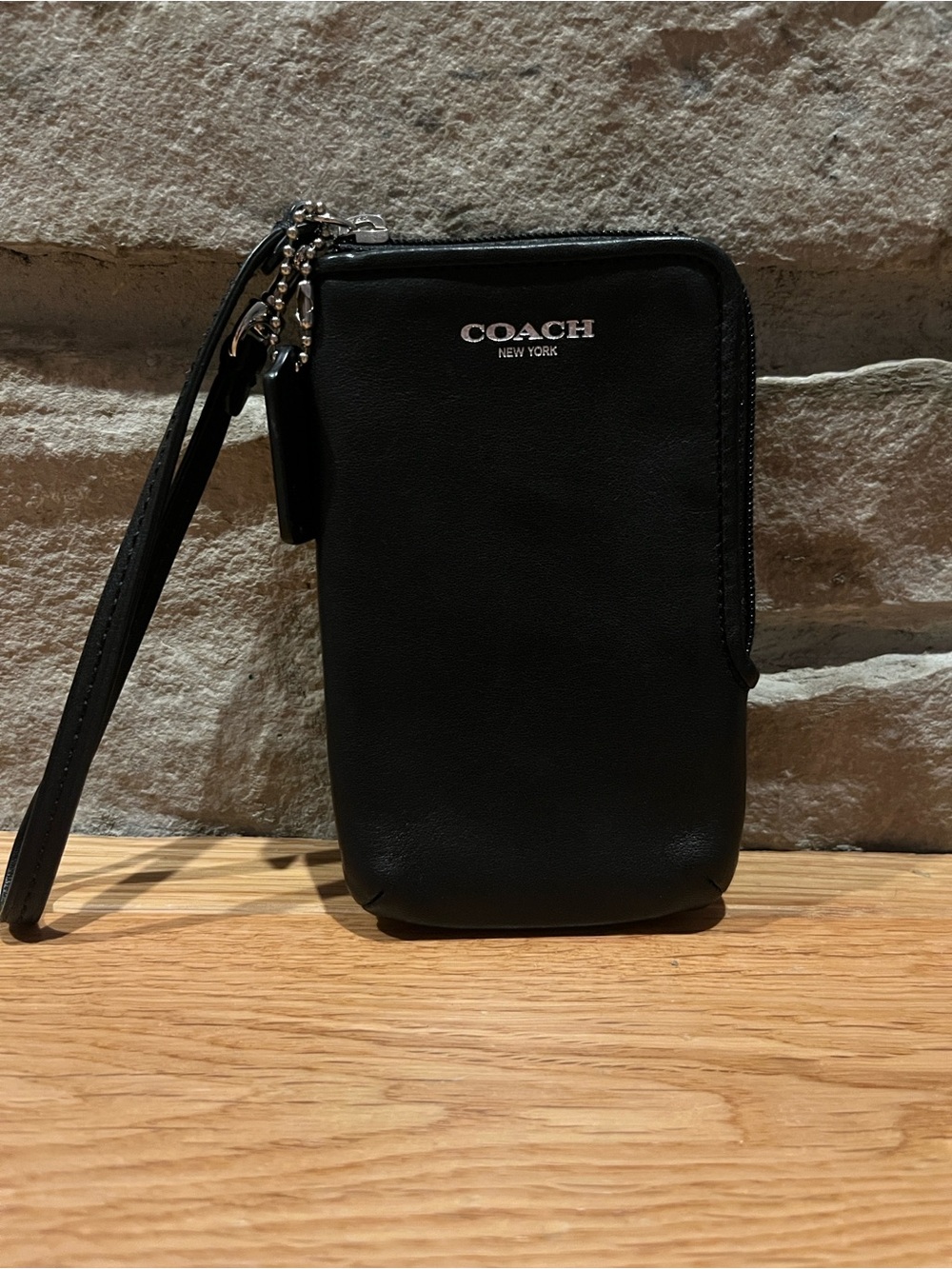 Coach Black Leather Wristlet Wallet with Logo